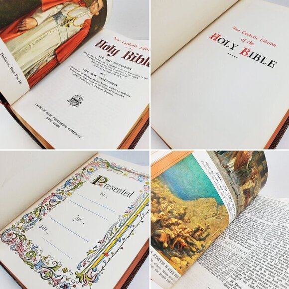 Holy Bible New Catholic Edition Illustrated Vintage 1954 Gold Gilded Leather - Picture 2 of 10